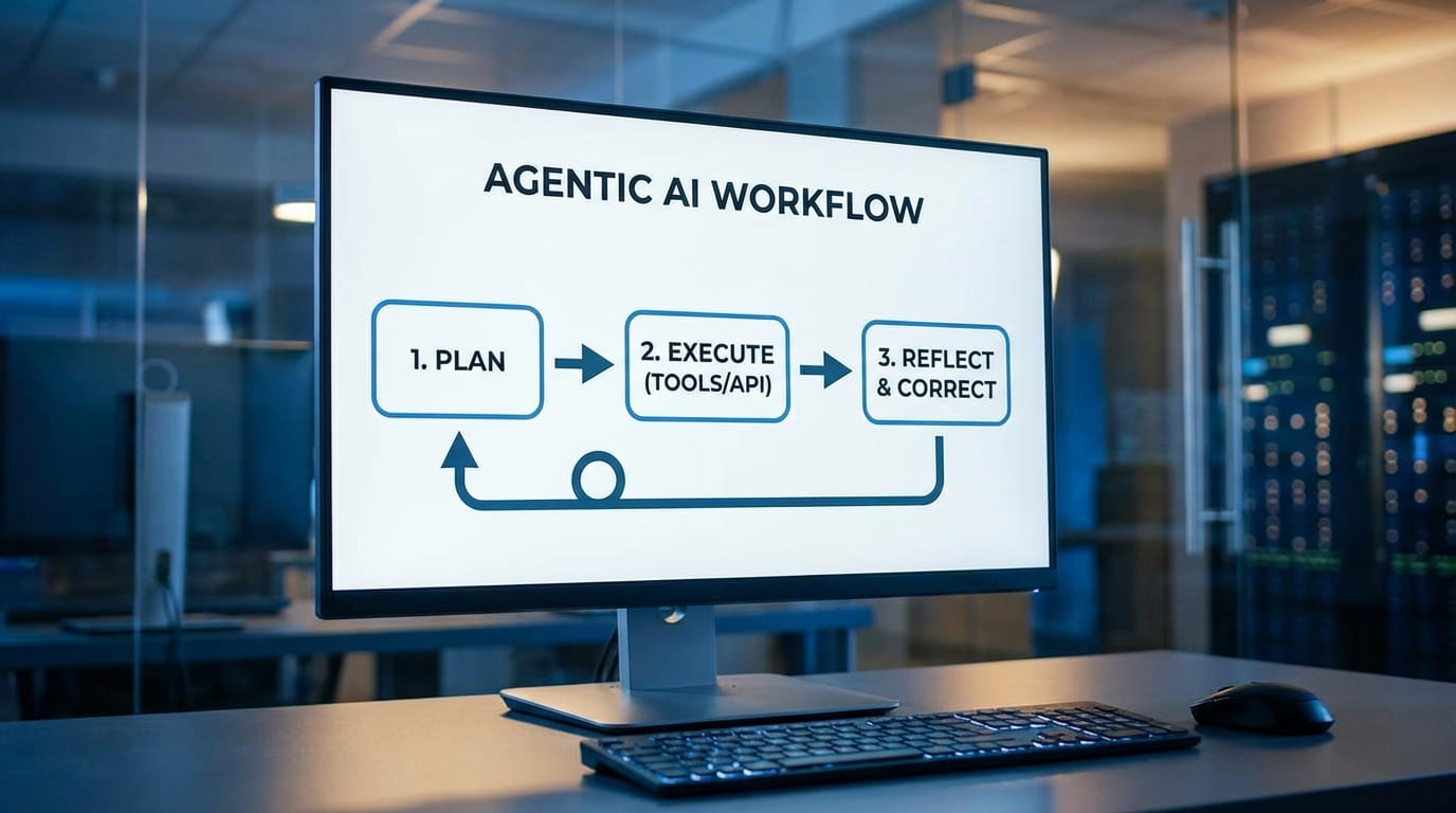 에이전틱 AI의 3단계 워크플로우(계획, 실행, 성찰)와 다단계 추론 과정을 보여주는 전문적인 비즈니스 인포그래픽 모니터 화면