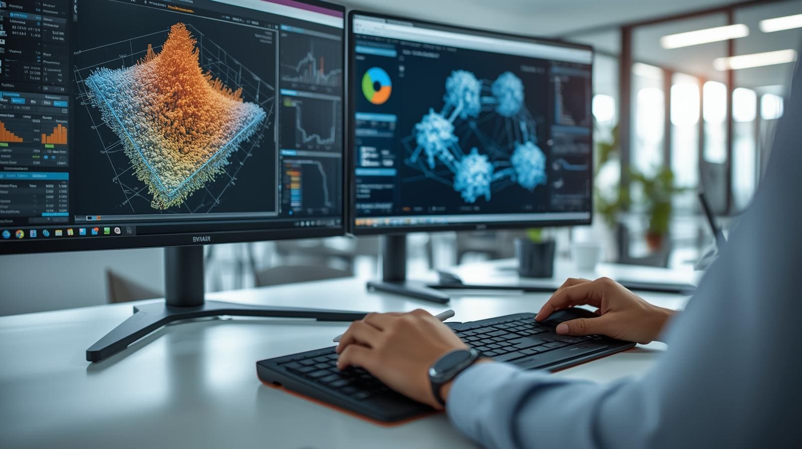 프롬데이터 전문 연구원이 듀얼 모니터를 통해 AI 학습 데이터를 정밀하게 가공 및 검수하는 모습