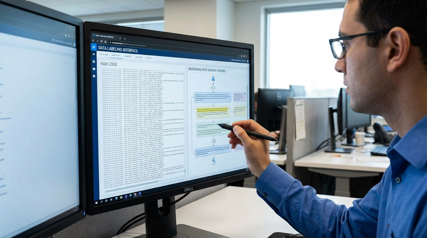 데이터 가공 전문가가 에이전틱 AI 성능 고도화를 위해 휴먼 인 더 루프(Human-in-the-Loop) 방식으로 실행 데이터와 추론 경로를 검증하는 모습