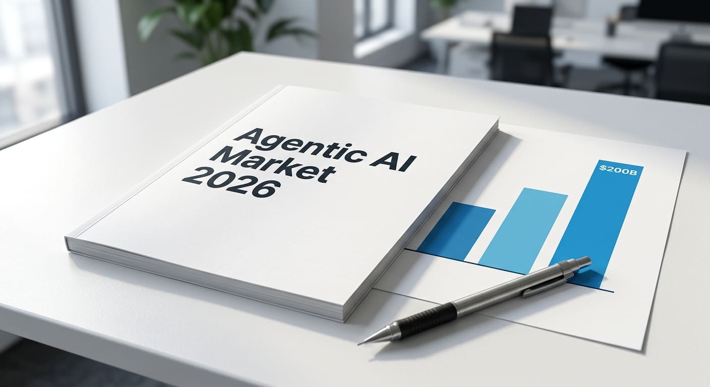 2026년 에이전틱 AI 시장의 급격한 성장을 나타내는 비즈니스 리포트와 우상향 막대그래프 이미지. 시장 가치가 $200B(약 2000억 달러)에 달하는 전망을 시각화함.
