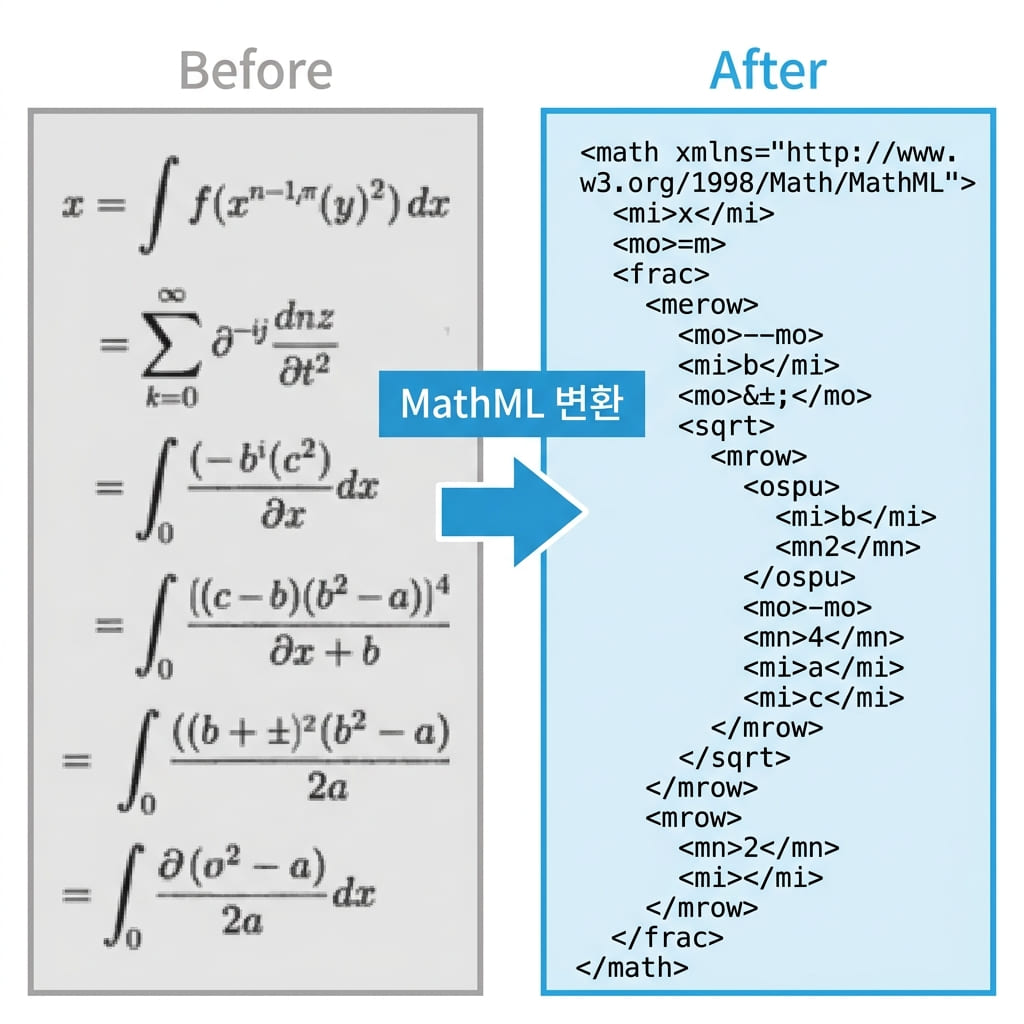 수식 이미지에서 MathML 코드로 변환되는 Before After 비교 다이어그램