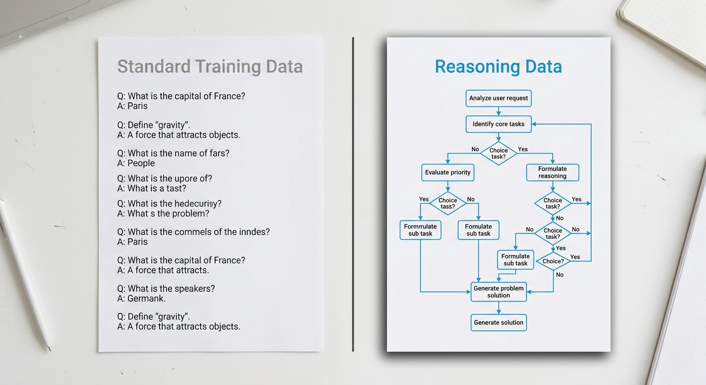 단순 질의응답 중심의 'Standard Training Data'와 복잡한 논리 구조 및 워크플로우를 포함한 'Reasoning Data'의 차이점을 보여주는 인포그래픽 자료.